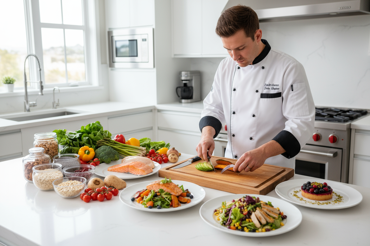 chef en una cocina con alimentos para diabeticos 