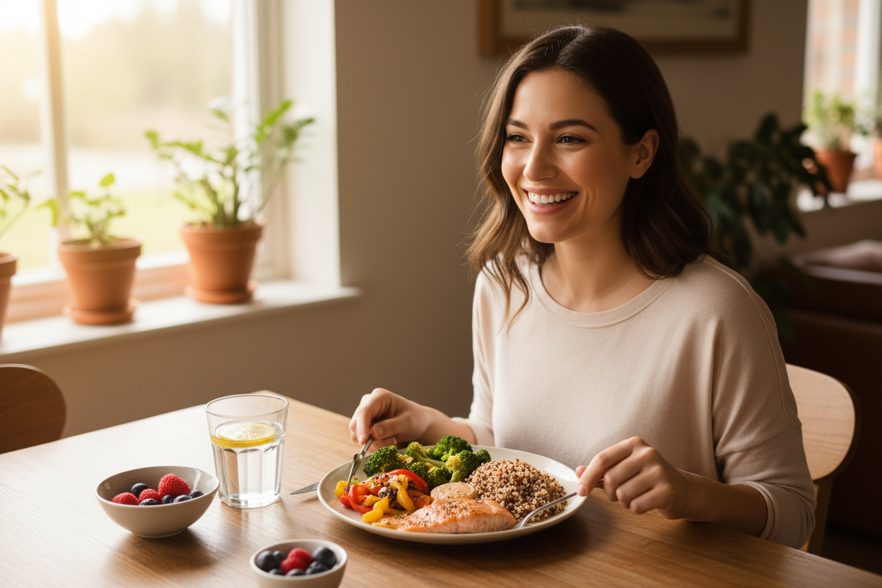 mujer disfrutando comida diabetica